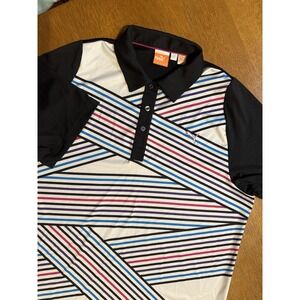 Puma Golf Polo Shirt L Black Geometric Stripe Multicolor Stretch Athletic